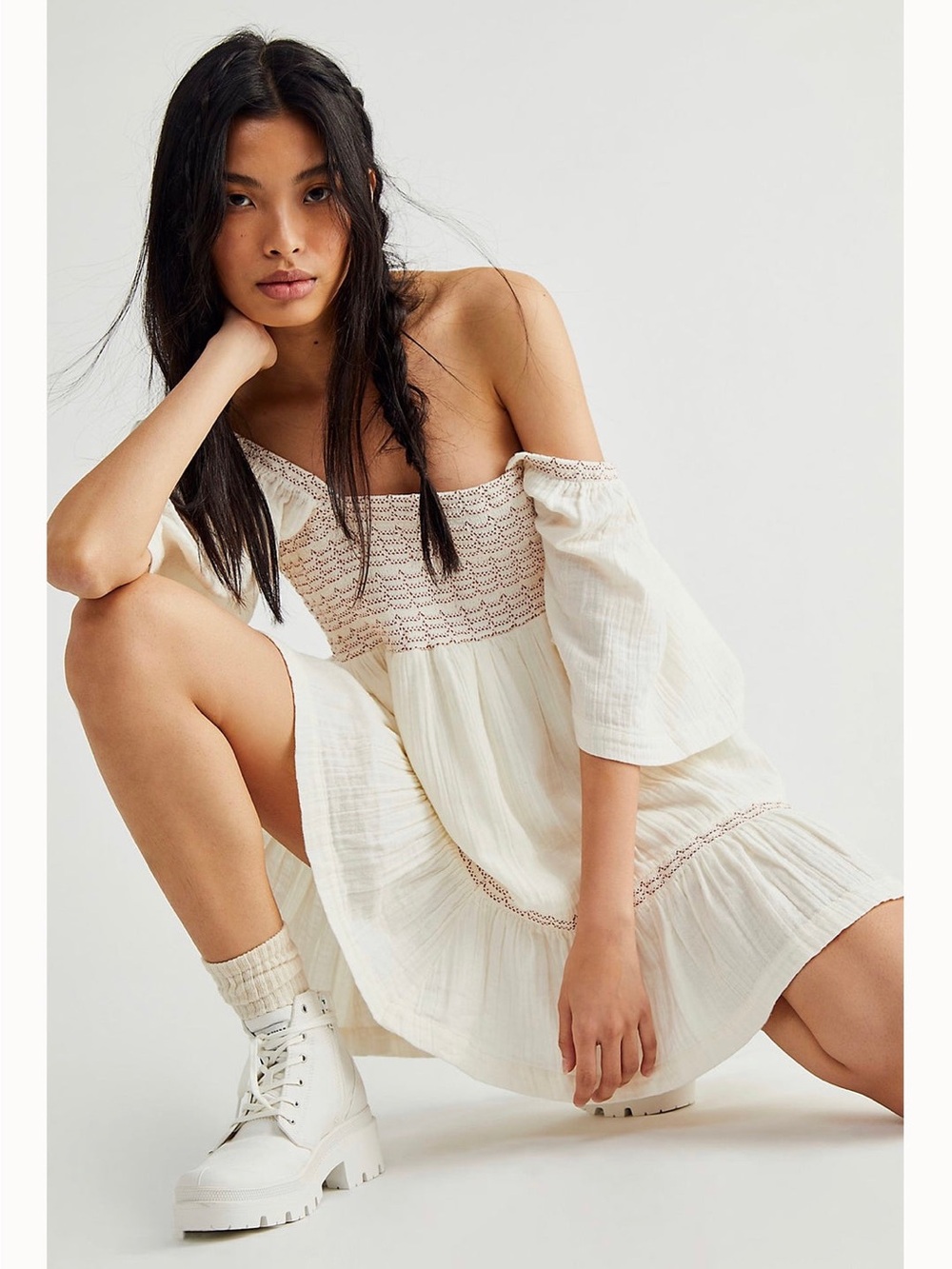 Free People Easy To Love Bubble Mini Dress Cream Smocked Boho M